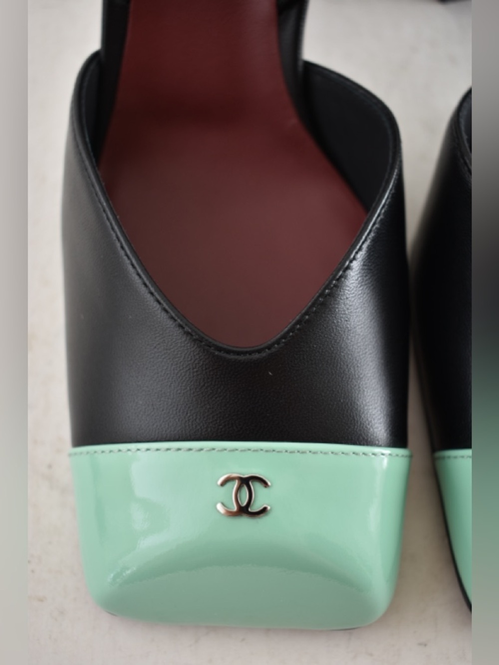 Chanel 26S Blazy Black Mint Green Square CC Sling Slingback Block Heel Pump 37.5 - Picture 7 of 16